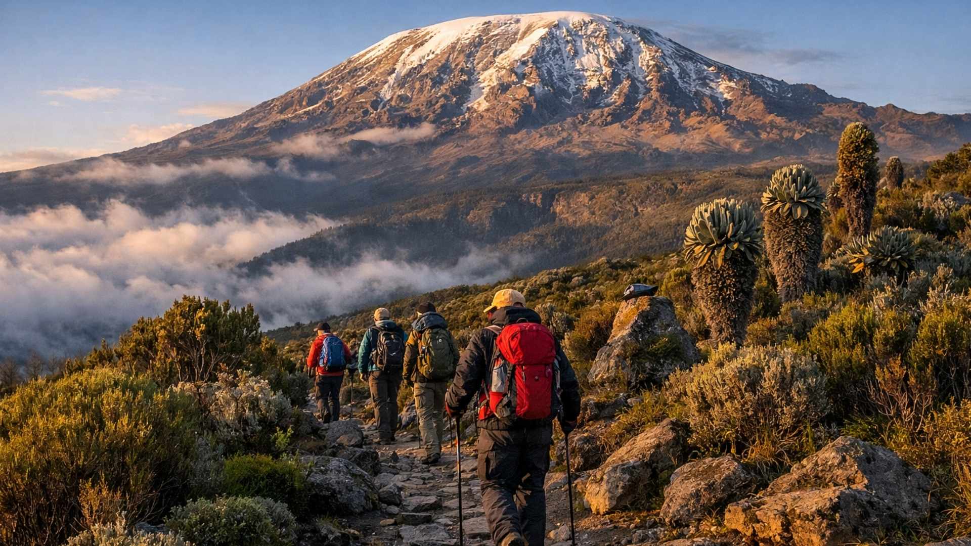 Cinematic view of Mount Kilimanjaro snow-capped peaks